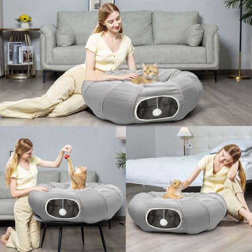 AUOON Cat Tunnel with Bed for Kitten Puppy Rabbit Ferret, Light Grey - color: Light Grey