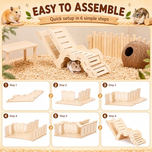 Novabright 5 Pcs Hamster Wooden Platform Set Including Hideout Climbing Tunnel Platform Coconut Hut Hamster Bed Flexible Fence Bridge Wooden House Cage Accessories for Small Animal Dwarf Syrian - style: Hideout Tunnel Set