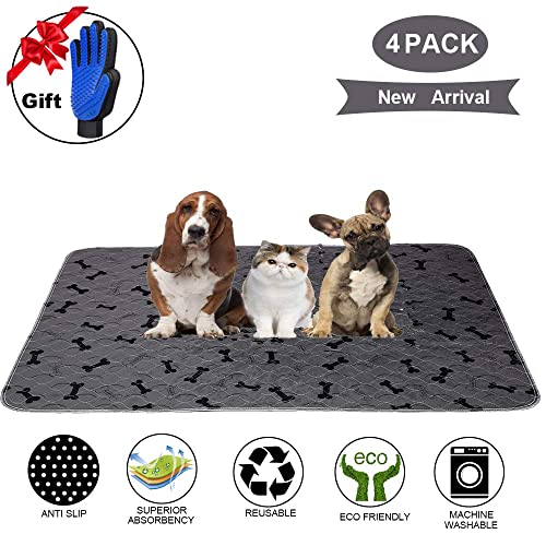 Washable Dog Pee Pads with Free Grooming Gloves,Non Slip Dog Mats with Great Urine Absorption,Reusable Puppy Pee Pads for Whelping,Potty,Training,Playpen - size: 24x36 Inch (Pack of 4)