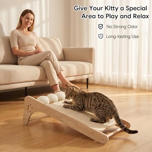 Cat Scratcher for Indoor Cats, Sisal Cat Scratching Board with 3 Sisal Scratch Balls, Solid Wood Cat Scratchers Pad Ramp, L-Shaped Cat Scratching Post