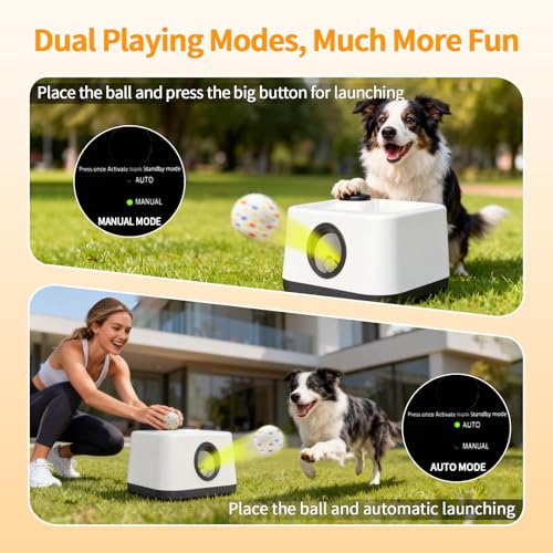 Automatic Dog Ball Launcher, Dual Auto-Manual Modes with Dog Barking Sound, Interactive Dog Fetch Toy, 3 Adjustable Distances, Dog Balls Thrower for Small & Medium Dogs, with 4 Durable ETPU Balls - color: White and Gray