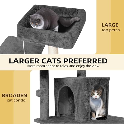 Cat Tree 54-Inch Cat Tower with Padded Plush Perch 2 Comfy Caves, Scratching Posts, Basket, 2 Pompoms, Multi-Level Plush Cat Condo for Indoor Cats Kittens, Dark Gray - color: Dark Gray