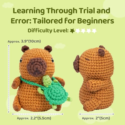 Mewaii Capybara Crochet Kit for Beginners, 40% Extra Yarn - color: Brown and Dark Green