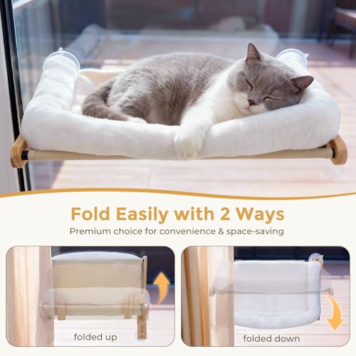 Pecute Foldable Cat Window Perch, Cloud-Soft Cat Bed with Wood Frame, 26" L - color: White