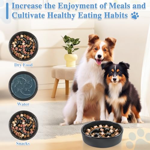 Ceramic Slow Feeder Dog Bowls, 0.6 Cups Dog Food Dish for Small Breed - color: Black-M