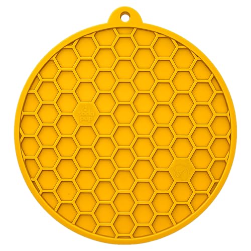 SodaPup Honeycomb Round eMat – Durable Enrichment Feeder for Dogs & Cats Made in USA from Non Toxic Pet Safe Food Safe TPE for Slow Feeding, Calming, Digestive Support, & Licking Fun - color: Yellow Honeycomb