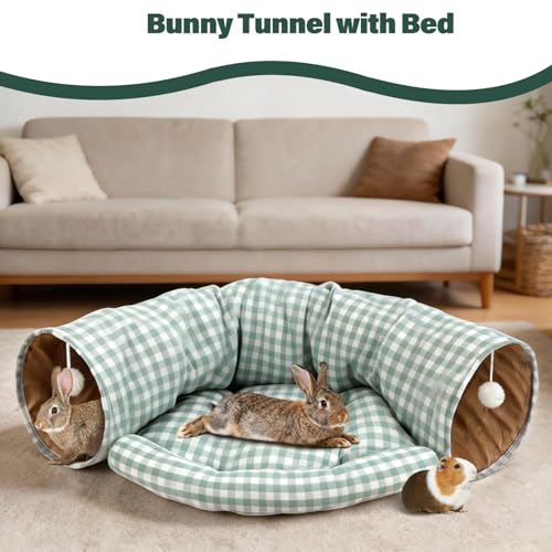 BWOGUE Bunny Tunnel Bed, 2-in-1Collapsible Rabbit Tunnel Hideout with Mat - color: GreenPlaid