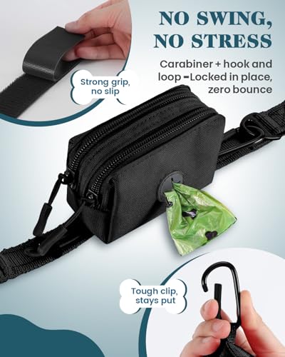Dog Poop Bag Holder for Leashes, Black Doggie Waste Bag Dispenser and Treat Holder, with Carabiner Hook and Poop Bag Clip, Used Waterproof Wear-Resistant Fabric and 2 Zippered Pouches for Walking - color: Black