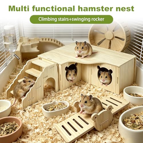 3 Pcs Wooden Hamster Platform Set,Multi‑Chamber Hideout House Ladder Seesaw - color: M