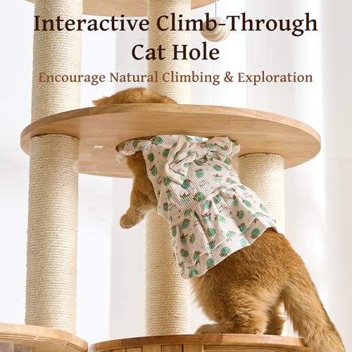Solid Wood Cat Tree Tower with Scratching Post, 67 Inches Tall Cat Towers with Capsule and Condo, Modern Cat Tower with Rotating Ball Toy and Removable Top Bed for Indoor Cats - color: 67 inch-Condo