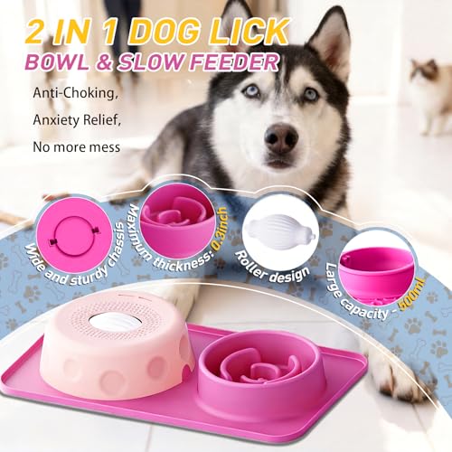 2-in-1 Dog Lick Bowl with Rolling Ball & Slow Feeder Down Slow Eating Speed - color: Pink
