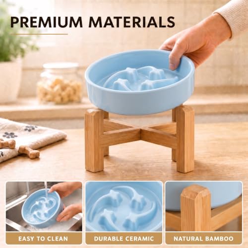 Elevated Ceramic Slow Feeder Dog Bowls Anti-Choking Slow Feeding for Small&Medium Size Anti-Slip Non-Lead & Toxic Durable Easy to Clean Maze Slow Feeder Bowl（8.26in Mint Blue Stars Pattern） - color: Mint Blue Stars Pattern, size: 1.6Cup