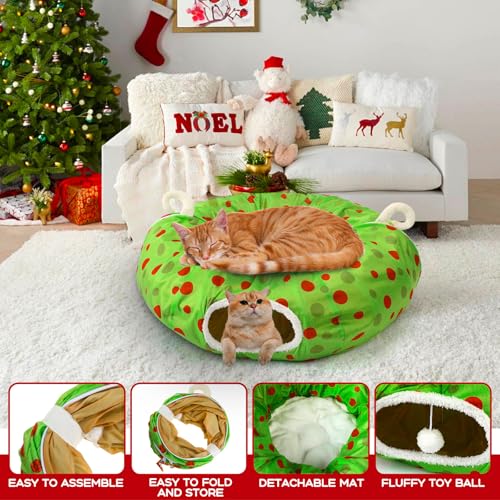 Hollowfly Christmas Cat Bed Tunnel 3ft x 3ft x 9.8in Lime Green Under Tree Cat Donut Tunnels for Indoor Kitten Plush Polka Dot Peekaboo Cave Toy Collapsible 3 Way Xmas Gifts for Small Kitty - style: Polk Dot