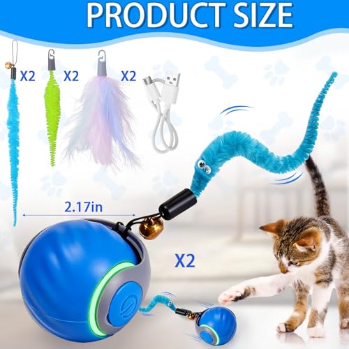 BABORUI 2Pack Blue Interactive Cat Toy Ball - Automatic Interactive Cat Toys for Indoor Cats with 3 Tails, 2 Speeds Rechargeable Enrichment for Small/Medium/Large to Keep Them Busy - color: 2 Pack Blue