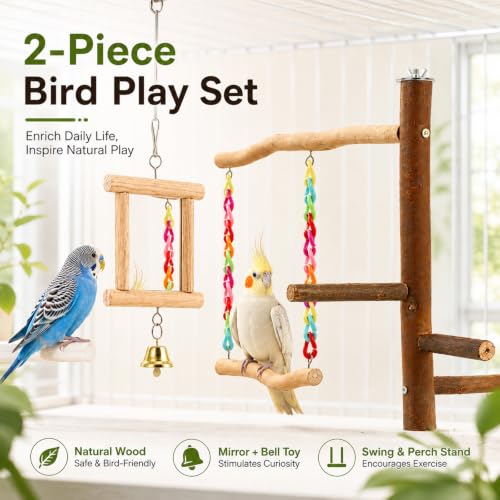 Bird Swing Toys with Perch Stand, Natural Wood Bird Play Stand with Swing and Mirror, Chewable Bird Cage Toy for Budgies Parakeets Cockatiels and Small Parrots