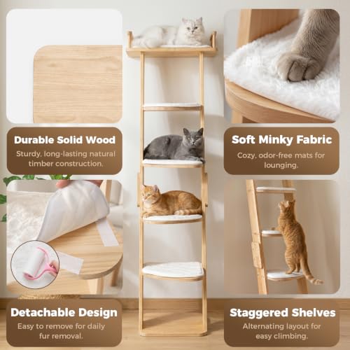 Solid Wood Leaning Cat Climbing Ladder, 70" Tall 6-Level Tree Tower