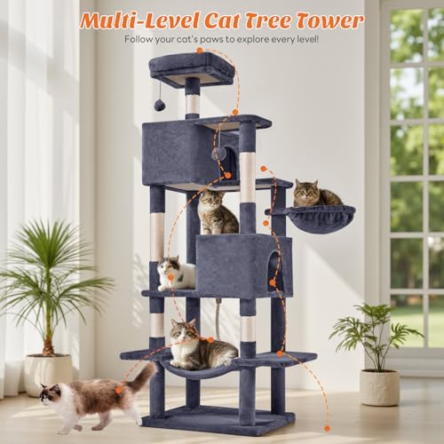DUMOS Large 66 Inch Cat Tree Tower with Scratching Posts, Indoor Use - color: Dark Grey, size: 66 Inch