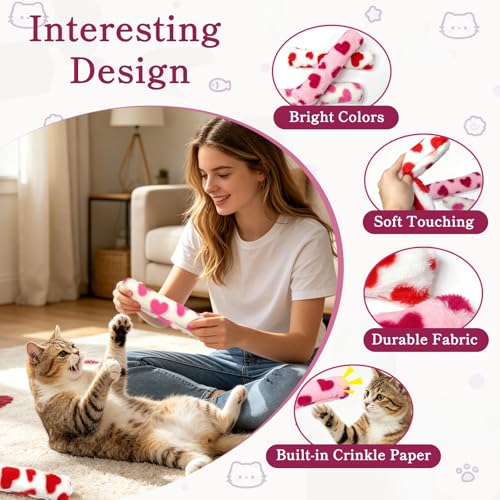 Plush Cat Pillow Toy with Catnip & Crinkle Paper, Interactive Kick Sticks for Cats, Soft Kitten Chew Bite Toys for Teeth Cleaning, Indoor Cat Enrichment Toys (Red Heart Toys 3 Pack) - color: Red Heart Toys 3 Pack
