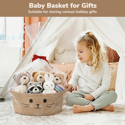 Medium Woven Rope Cat Toy Basket with Cat Face, Jute - color: Jute, size: 13.8"W x 6"H