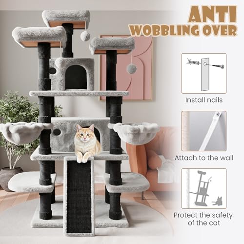SHA CERLIN 68 Inches Multi-Level Large Cat Tree for Large Kitties/Big Cat Tower with Condo/Cozy Plush ‌Pussycat Perches/Sisal Scratching Posts and Hammocks/Activity Center/Black & Grey - color: Black & Grey, size: 68in