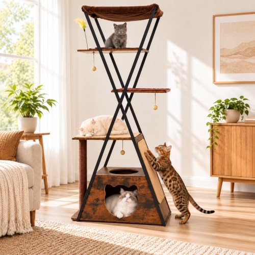 71" Modern Wood Cat Tree for Large Cats - Heavy Duty Tall Cat Tower for Indoor Cats, Multi-Level Cat Furniture with Spacious Condo, Large Perch, Scratching Posts & Hammock (Brown) - color: brown