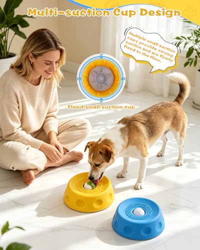 2 Pack Slow Feeder Dog Bowl with Rolling Ball, Interactive Lick Bowl for Dogs & Cats Anti-Slip Silicone Lick Mat for Liquid Treat Wet Food Bone Broth Enrichment Toy for Small Medium Large Dogs - color: Blue & Yellow