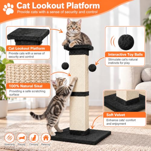 Cat Scratching Post 33 Inch Nature Sisal Cat Scratch Post for Indoor Cats, Large Cat Scratcher Protect Your Furniture, Black - color: Black