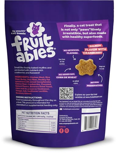 Fruitables Crunchy Cat Treats, Healthy Cat Treat, Salmon & Cranberry, 2.5oz - size: 2.5 Ounce (Pack of 1), style: Salmon & Cranberry