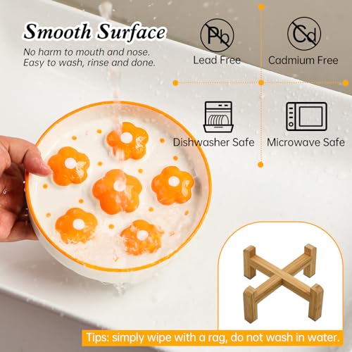 Elevated Ceramic Slow Feeder Cat Bowl with Anti-Slip Bamboo Stand - color: Orange + Stand