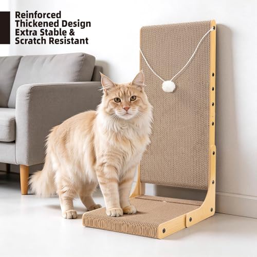 27.6 Inch Reinforced Cat Scratcher, L-Shaped Wall Mount Scratching Post with 2 Catnip Balls & 1 Fuzzy Ball Toy, Easy Flip Scratch Pad for Indoor Cats - size: 27.6 Inch 1-Pack Wooden Color