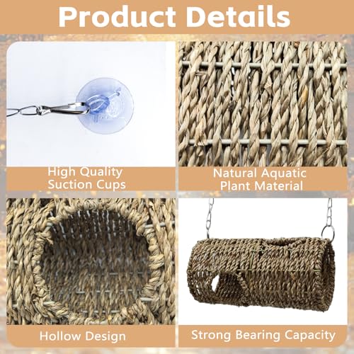 Hanging Reptile Hide Cave,Natural Seagrass Fiber Bearded Dragon Hammock Hideout,Reptile Shelter Sleeping Cave Swing Climbing Toys Terrarium Decor for Lizard Gecko Snake Hermit Crabs(Round) - size: Round:7.87*3.94*3.94"