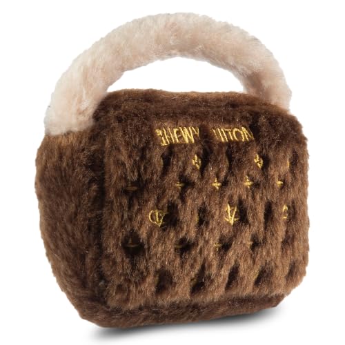 Dog Diggin Designs Chewy Vuiton Plush Dog Toy Purse | Luxury-Inspired Parody Designer Handbag with Squeaker, Soft Plush Fashion Dog Toy – Haute Couture Purses & Handbags - color: Brown Bag, size: Small