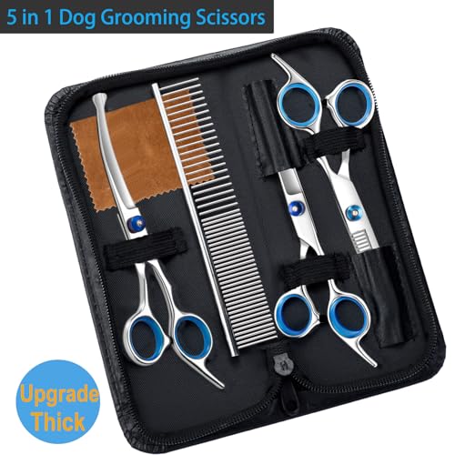 5 in 1 Upgraded Thicken Dog Grooming Scissors, Professional Dog Scissors for Grooming with Safety Round Tips, Lengnoyp Stainless Steel Thinning Shears, Pet Cat Shears for Grooming Kit