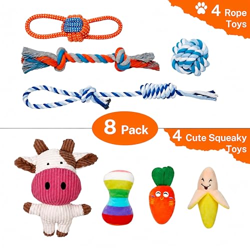 Toozey 8 Pack Small Dog Toys, Squeaky Plush Puppy Toys & Durable Rope Toys