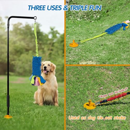 Heavy Duty Dog Spring Pole with Screw-In Ground Anchor & 360° Swivel, Adjustable Height 30-49", Durable Outdoor Tug Toy System with Bungee Squeak Rope for Large & High Energy Dogs Training