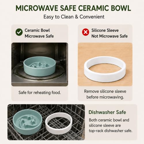 Ceramic Slow Feeder Dog Bowl, 0.6 Cup, Light Green Bowl&White Base - color: Light Green with White Silicone Base