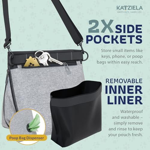Katziela Expandable Pet Treat Pouch - Hands Free Dog Treat Pouch, Quick Access Magnet Closure - Anti Spill Dog Treat Bag - Treat Pouches for Pet Training, Adjustable Shoulder Strap & Belt Clip (Grey) - color: Grey