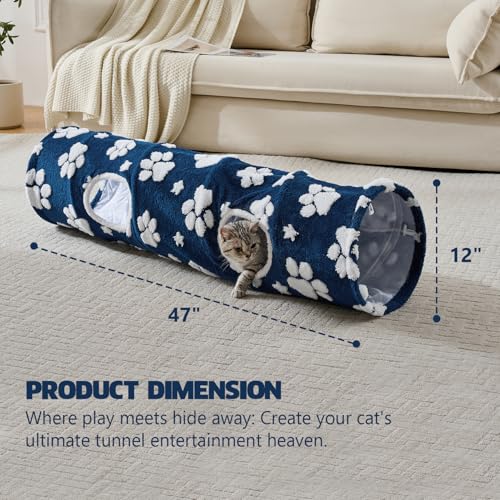 Straight Cat Tunnel for Indoor Cats 47"x12", Blue Paw - color: Blue Paw, size: Straight