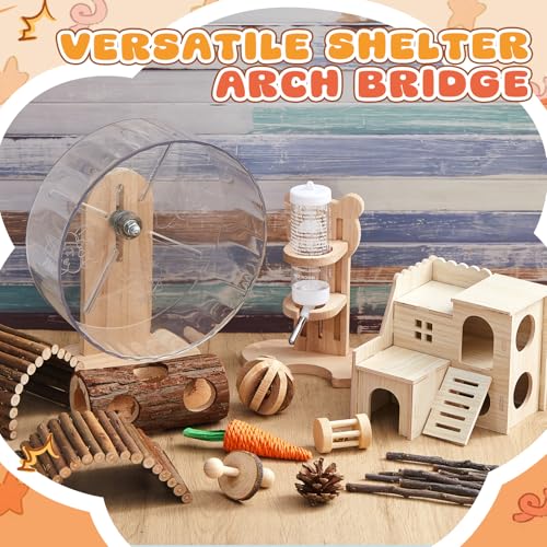 18 Pcs Hamster Cage Accessories, Silent Hamster Wheel 15 Toys Set - style: Natural Log Style