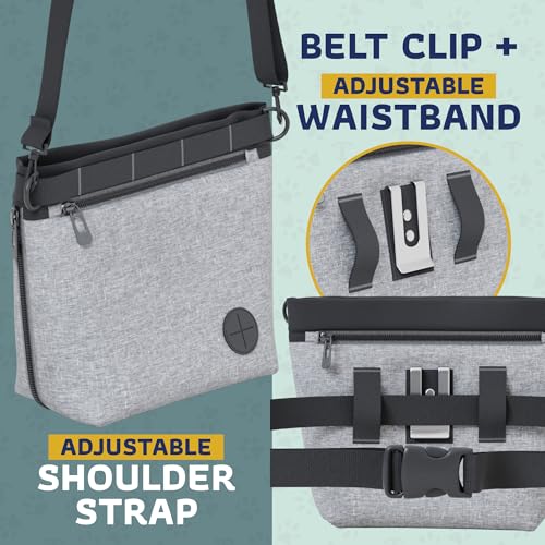 Katziela Expandable Pet Treat Pouch - Hands Free Dog Treat Pouch, Quick Access Magnet Closure - Anti Spill Dog Treat Bag - Treat Pouches for Pet Training, Adjustable Shoulder Strap & Belt Clip (Grey) - color: Grey