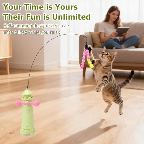 Interactive Cat Toys for Indoor Cats, Windmill Feather Cat Teaser Wand, Bouncy Kitten Toys with Strong Suction Cup Base for Bored Felines & Self-Played Enrichment Green - color: Green