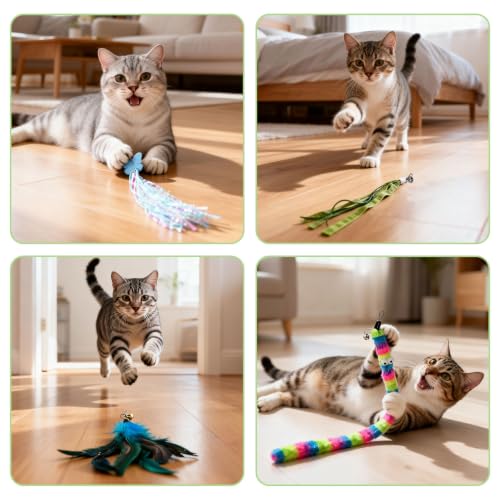 Cat Wand Refills, Interactive Cat Toys Replacement with Feather, Worm, Ribbon, Caterpillar, Butterfly Attachments, Retractable Cat Teaser Wand Refill (Feather+String 10 Pack) - color: Feather+String 10 Pack