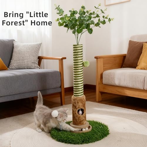 Cat Scratching Post, Two Tone Tall Sisal Scratch Pole For Indoor Cats,Artificial Turf Base Cat Tower With Hanging Toy,Double Ball Track & Simulated Mouse Hole,Strong Post For Kittens/Cats (35 in Post) - size: 35 in