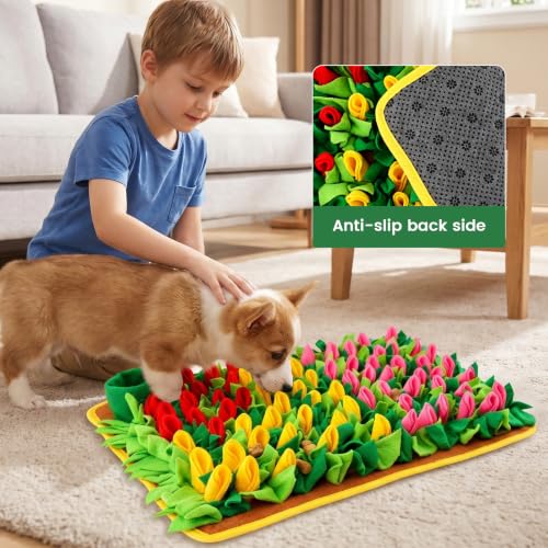 Snuffle Mat for Dogs and Small Pets, 22.8" x 15.4" Tulip Flower Interactive Foraging Feeding Mat, Portable Durable Polyester Nosework Pad, Slow Feeder Toy for Puppies, Rabbits, Cats and Hamsters