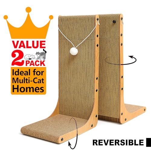 Value 2-Pack 23.6 Inch L-Shaped Cardboard Cat Scratcher, Dual Use (Vert/Horiz) Scratch Pad with Toy Balls, Wall-Mountable Furniture Protector Cat Scratchers for Indoor Cats - size: 23.6 Inch 2- Pack