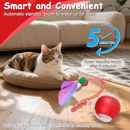 Interactive Cat Toys Smart Ball for Cats & Dogs! Now with 2 Rapid Tails. Features: 360°Auto-Rolling, Motion Activation& Bird Sounds. Perfect for Indoor Pet Exercise & Fun. (Red＆Blue) - color: Red＆Blue1