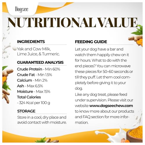 Dogsee Yak Chews for Dogs with Turmeric 1lb (Large - 4 Bars) 100% All Natural Treats for Large Breed Dog Chews Long Lasting for Joint Inflammation, 60% Protein Dental Sticks
