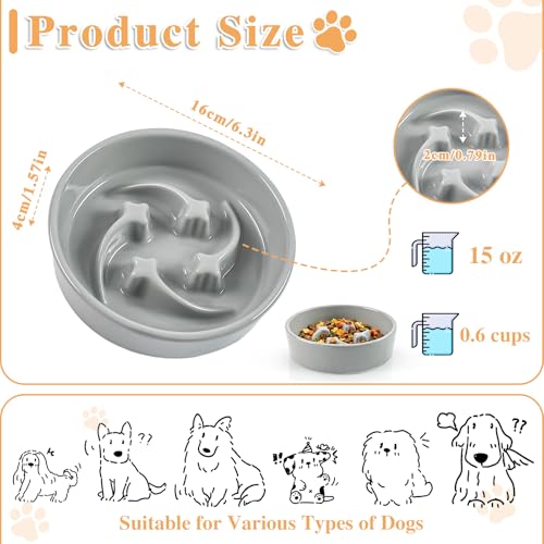 Ceramic Slow Feeder Dog Bowls,0.6 Cups Dog Food Dish for Small Breed - color: Grey-M