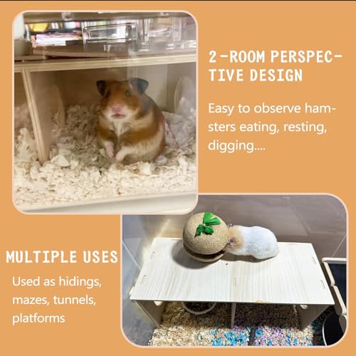 Hamiledyi Wooden Hamster Tunnel 2-Chamber Hideout Tunnel Multi Chamber Exploring Toy Platform 11 x 5.3 x 4.3 Cage Accessories for Syrian Hamsters Rat Mice - size: L