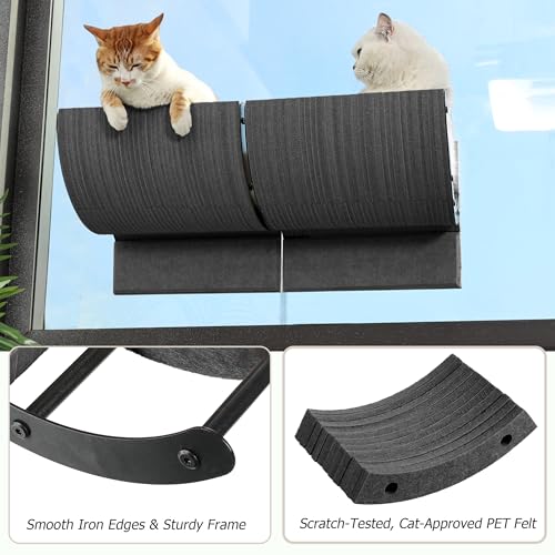 Cat Window Perch with Scratching Bed,Versatile Climbing Shelves Mounted by Strong Suction Cups, Solid Metal Frame and Anti-Slip Felt for Hide,Nap and Sunbath, Glass Protection Design(Grey) - color: Grey